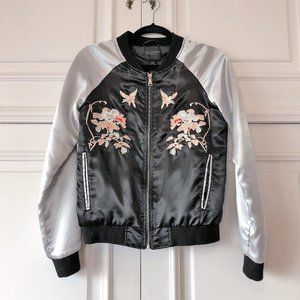 Stylish & Silky Floral Zip-Front Bomber Jacket - Size Small